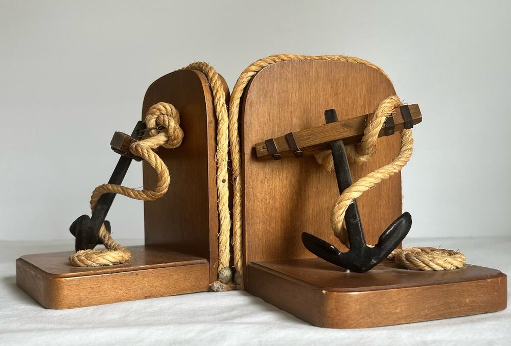 Vintage Anchor Bookends Wooden with Anchor Rope Nautical